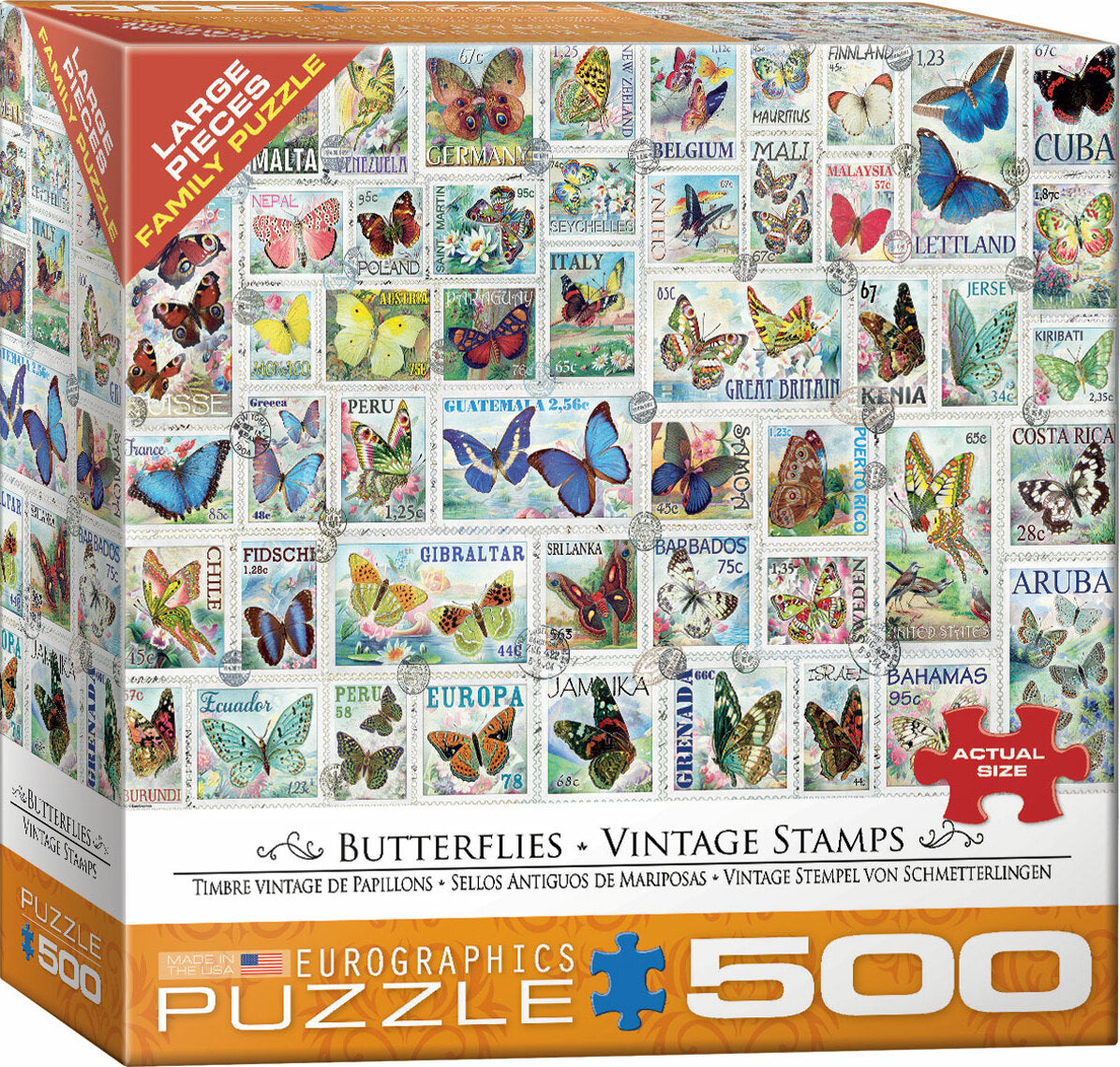 Butterflies Vintage Stamps 500 Large Pc Puzzle
