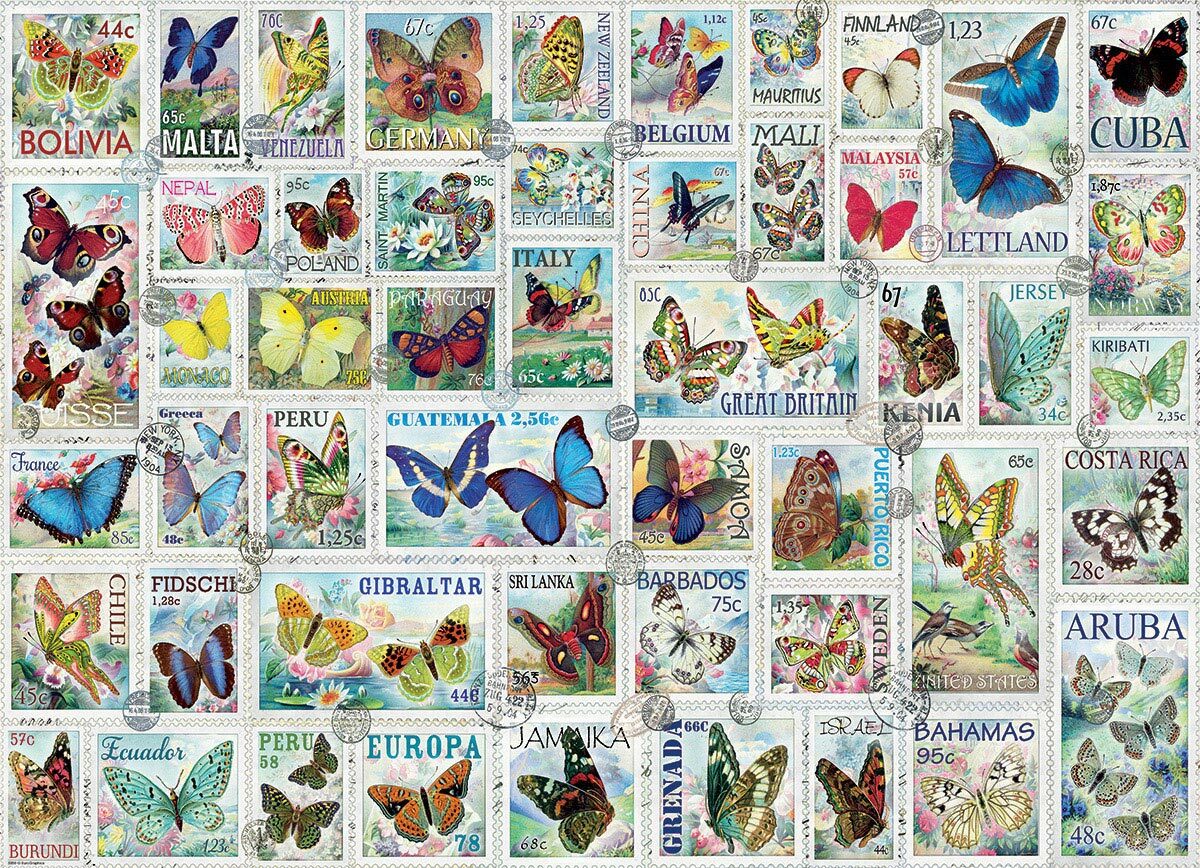 Butterflies Vintage Stamps 500 Large Pc Puzzle
