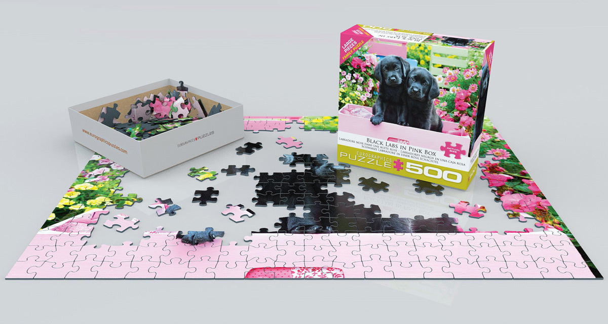 500 pc - Large Puzzle Pieces - Black Labs in Pink Box